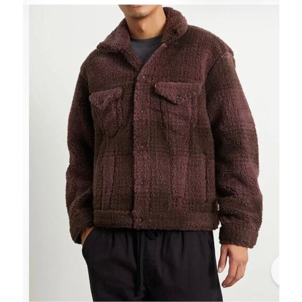 LEVI'S Cozy Vintage Relaxed Fit Sherpa Trucker Jacket Color Plaid Huckleberry S